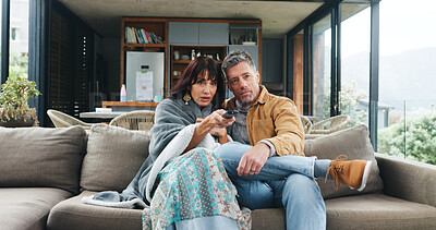 Buy stock photo Bonding, couple and woman with remote in lounge, watching tv and streaming movies with subscription. Online, series or film with mature man on couch, love and relax in home with entertainment