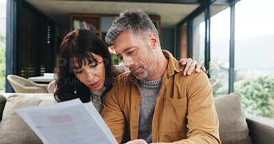 Buy stock photo Budget, documents and finance with couple on sofa in living room of apartment for financial review. Accounting, paperwork and reading with mature people in home together for investment planning