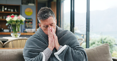 Buy stock photo Blowing nose, sick and cold with man on sofa for virus infection, disease recovery and healthcare. Hayfever symptoms, influenza illness and healing with person and blanket in living room of home