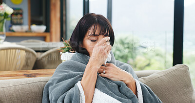 Buy stock photo Blowing nose, sick and tired with woman on sofa for virus infection, disease recovery and healthcare. Hayfever symptoms, influenza illness and healing with person and blanket in living room of home