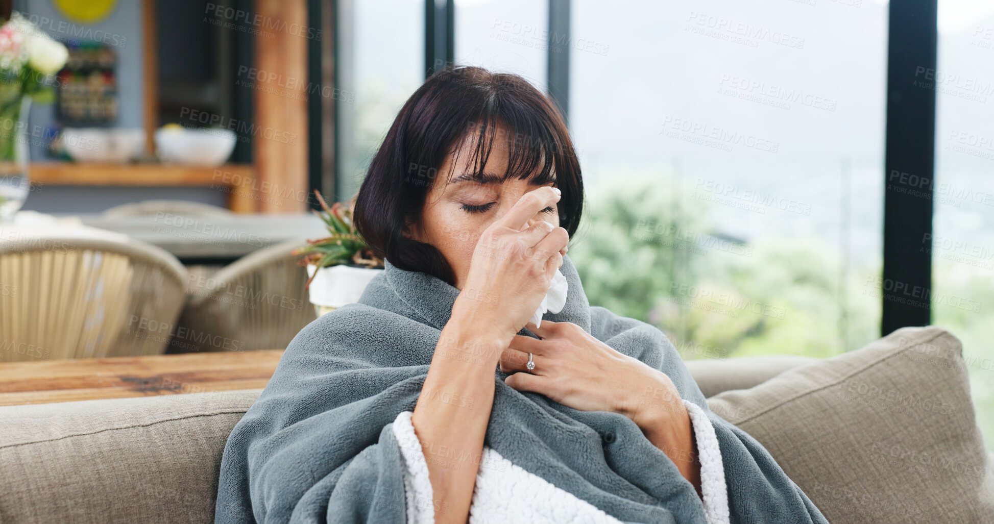 Buy stock photo Blowing nose, sick and tired with woman on sofa for virus infection, disease recovery and healthcare. Hayfever symptoms, influenza illness and healing with person and blanket in living room of home