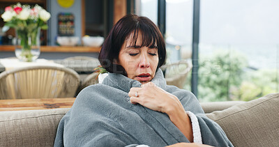 Buy stock photo Tired, sick and cold with woman on sofa for virus infection, disease recovery or healthcare. Hayfever symptoms, influenza illness or healing with person and blanket in living room of home for fatigue