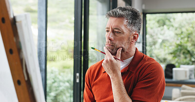 Buy stock photo Painting, thinking and canvas with man in home for design vision, artist project and reflection. Art inspiration, gallery idea and creative block with mature person in studio for hobby and talent 