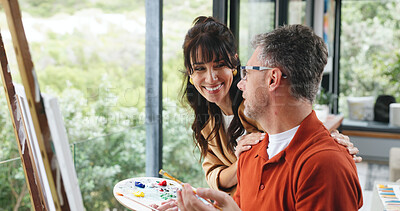 Buy stock photo Canvas, couple and support with painting in home for creative activity, self expression and hobby. Artist, happy mature people and palette with easel for custom artwork, exhibition project or bonding