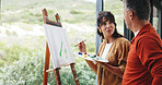 Canvas, couple and painting at window in home for custom art project, creative activity and support. Happy artist, mature people and easel on balcony for artwork hobby, nature inspiration and bonding