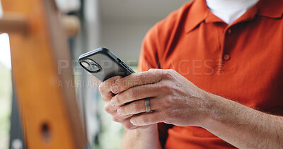 Buy stock photo Man, hands and typing with phone in home for social media post, internet search and email notification. Person, browsing and tech in apartment with mobile app, text message and online communication.