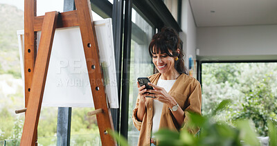 Buy stock photo Painting, phone and search with woman in workshop for design reference, artist project and contact. Illustration inspiration, gallery artwork and canvas with mature person in studio for hobby