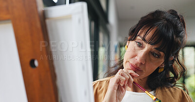 Buy stock photo House, painter and woman with canvas, thinking and hobby with deadline, creativity and brush. Artist, contemplation and mature person with ideas, tools and design process for project and inspiration