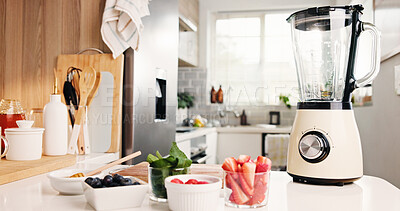 Buy stock photo Home, ingredients and blender in kitchen, smoothie and healthy drink with nutrition. Empty, apartment or appliance with recipe, fruit or diet with machine, wellness or antioxidant benefits with fiber