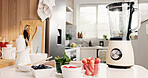 Ingredients, blender and table for smoothie in kitchen for healthy drink, protein shake and nutrition. Machine, prepare and organic fruits for weight loss, diet milkshake and detox benefits at house