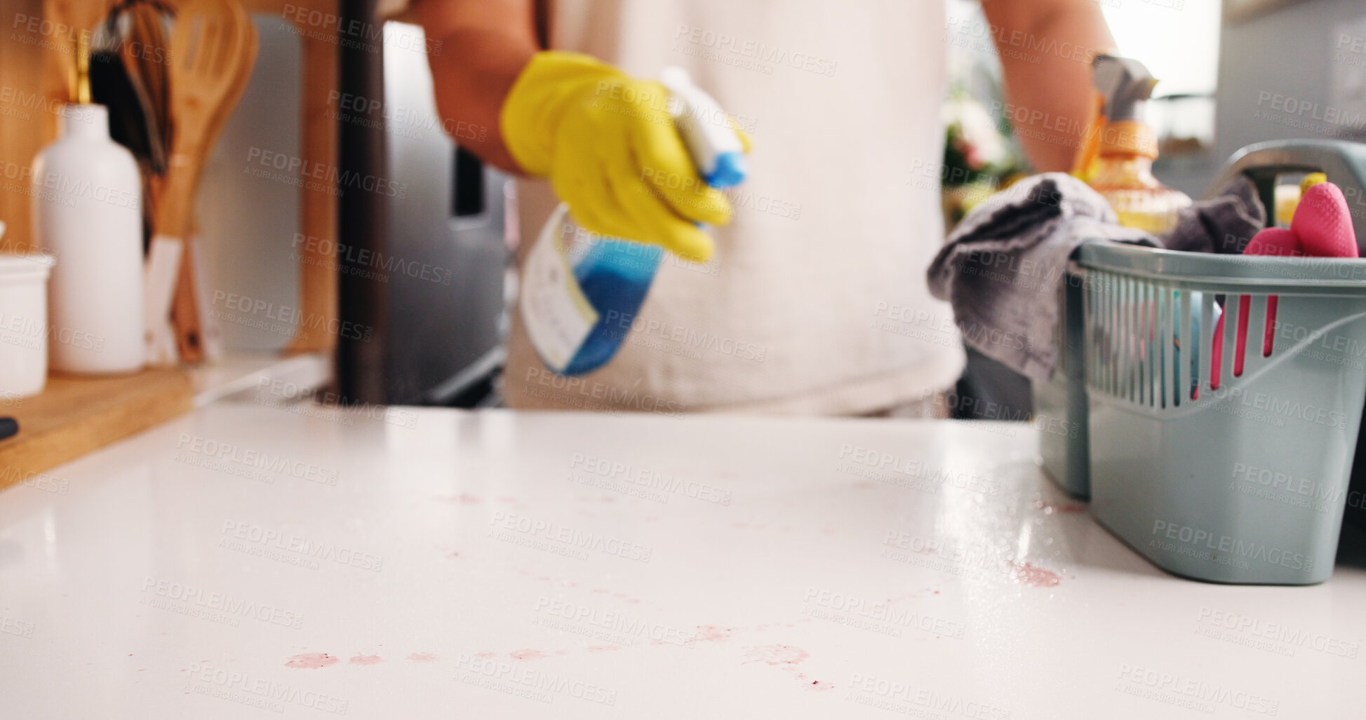 Buy stock photo Spring cleaning, hands or spray in kitchen with disinfectant, housework or sanitation of countertop. Space, chores or person in house with detergent, bacteria or germ removal in liquid container.