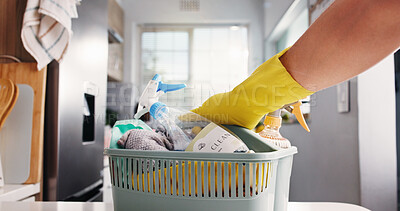 Buy stock photo Spring cleaning, hand or container in kitchen with products, task or sanitation in home maintenance. Disinfection, chores or person in house with gloves, bacteria or germ removal in hygiene routine.