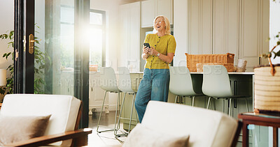 Buy stock photo Mature woman, phone and laugh in home with texting, meme or notification with funny gossip on lounge. Person, smartphone and happy with mobile app, contact or video on social network at apartment