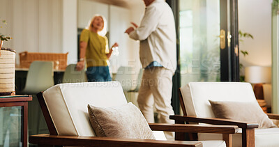 Buy stock photo Sofa, conflict and senior couple with argument in home for marriage separation, dispute and divorce. Fight, old people and disagreement in living room for toxic relationship and cheating accusation