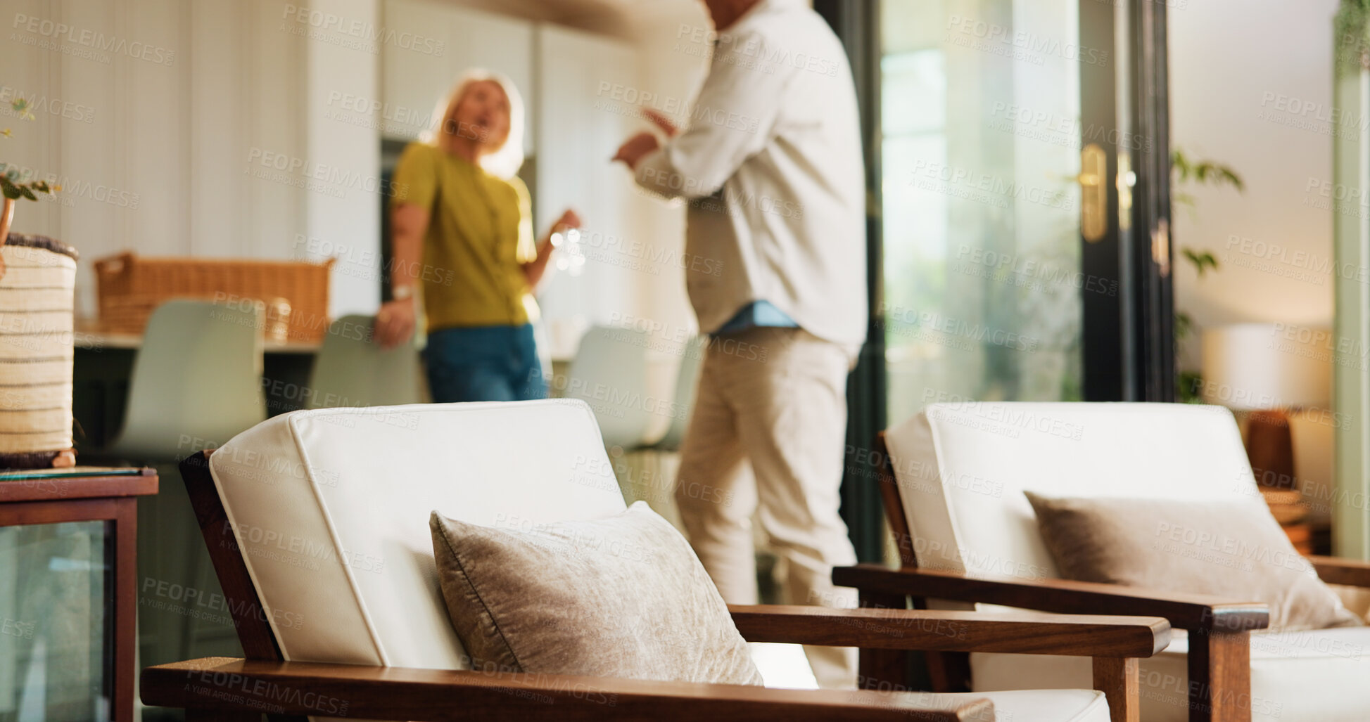 Buy stock photo Sofa, conflict and senior couple with argument in home for marriage separation, dispute and divorce. Fight, old people and disagreement in living room for toxic relationship and cheating accusation