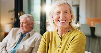 Buy stock photo Portrait, relax and smile of old woman on sofa in living room of home with husband for retirement. Break, weekend and wellness with happy senior person and partner in apartment together for chilling