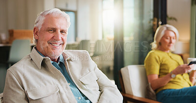 Buy stock photo Break, portrait and smile of old man on sofa in living room of home with wife for retirement. Relax, weekend and wellness with happy senior people in apartment together for chilling or free time