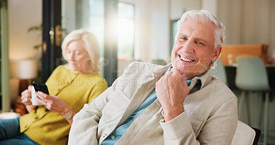 Buy stock photo Portrait, smile and weekend with old man on sofa in living room of home with wife for retirement. Break, relax and wellness with happy senior person with partner in apartment together for chilling