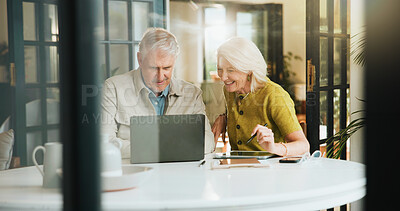 Buy stock photo Senior, happy couple and planning retirement with laptop for online booking, vacation or getaway. Elderly, man and woman with smile, computer or tablet for research, holiday or accommodation in home