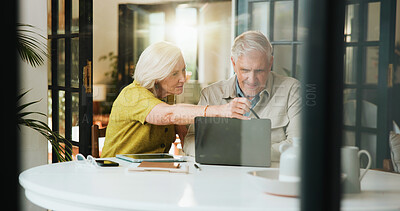 Buy stock photo Laptop, planning and taxes with old couple in home for retirement fund, mortgage payment and budget. Online banking, savings account and pension review with senior man and woman in house for audit