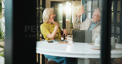 Buy stock photo Laptop, planning and high five with old couple in home for retirement fund, investment growth and success. Online banking, account profit and pension bonus with senior man and woman in house