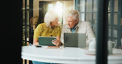 Buy stock photo Laptop, planning and tablet with old couple in home for retirement fund, mortgage payment and budget. Online banking, savings account and pension review with senior man and woman in house for audit