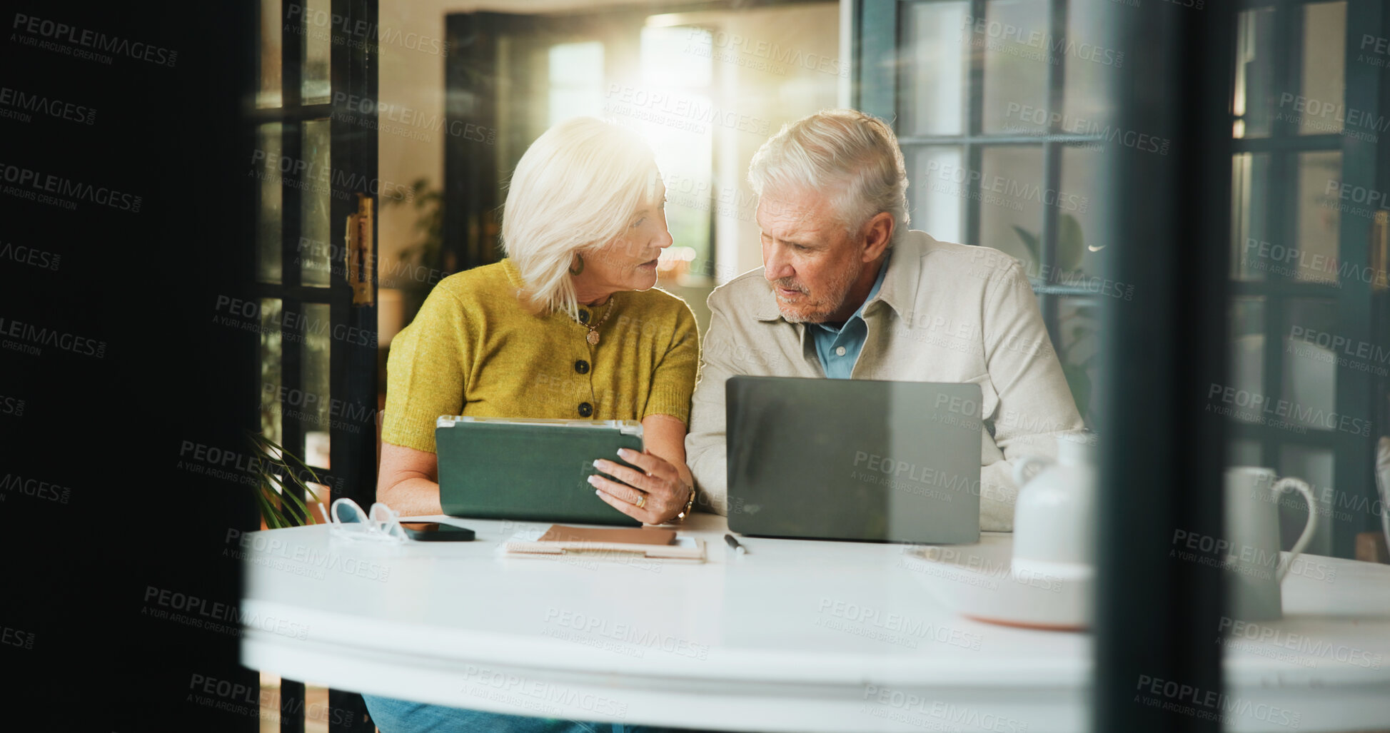 Buy stock photo Laptop, planning and tablet with old couple in home for retirement fund, mortgage payment and budget. Online banking, savings account and pension review with senior man and woman in house for audit