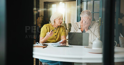 Buy stock photo Laptop, frustrated and taxes with old couple in home for retirement fund, mortgage debt and budget. Online banking, savings account and overdraft with upset senior man and woman in house for audit