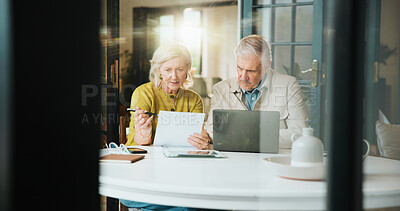 Buy stock photo Laptop, documents and taxes with old couple in home for retirement fund, mortgage payment and budget. Online banking, savings account and pension review with senior man and woman in house for audit