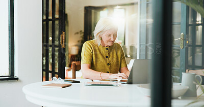 Buy stock photo Laptop, planning and taxes with old woman in home for retirement fund, mortgage payment and budget. Online banking, savings account and pension review with senior person in house for audit balance