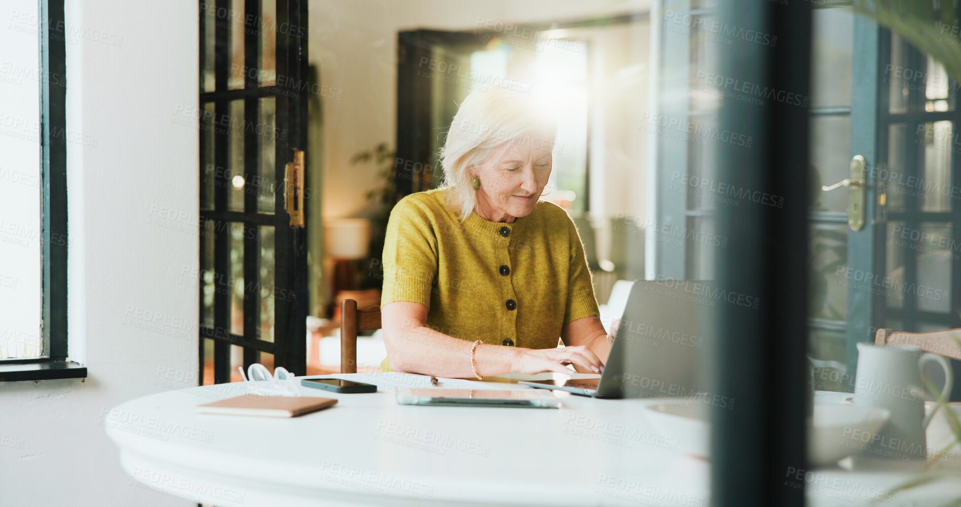 Buy stock photo Laptop, planning and taxes with old woman in home for retirement fund, mortgage payment and budget. Online banking, savings account and pension review with senior person in house for audit balance