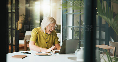 Buy stock photo Celebration, laptop and remote work with mature woman in home for bonus, milestone or reward. Computer, reaction and success with excited freelance employee in apartment for good news as winner