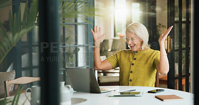 Buy stock photo Laptop, remote work and success with mature woman in home for bonus, milestone or reward. Celebration, computer and reaction with excited freelance employee in apartment for good news as winner