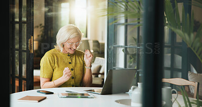 Buy stock photo Fist pump, laptop and success with mature woman in home for bonus, milestone or reward. Celebration, computer and remote work with excited freelance employee in apartment for good news as winner