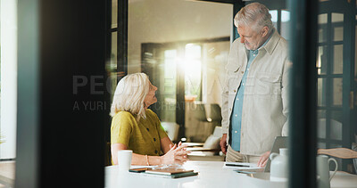 Buy stock photo Senior couple, talking and happy in home, love and planning for retirement with laptop and research. Financial analysis, old woman and discussion with man for pension fund, flare and bonding in house
