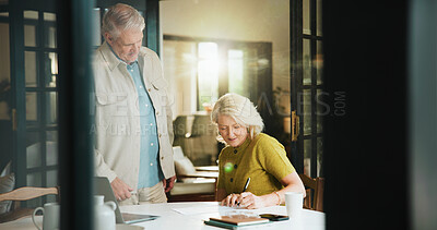 Buy stock photo Finance, laptop and writing with old couple in home together for accounting or budget review. Computer, documents and financial plan with senior people in apartment for pension, retirement or will