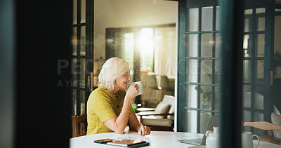 Buy stock photo Coffee, thinking and smile with old woman in home for planning, relax and mindfulness. Reflection, vision and drinking tea with senior person and mug in apartment for calm, memory and beverage