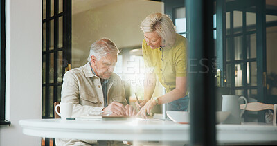 Buy stock photo Documents, signature and reading with old couple in home for retirement fund, mortgage payment and budget. Banking forms, savings account and pension review with senior man and woman for audit
