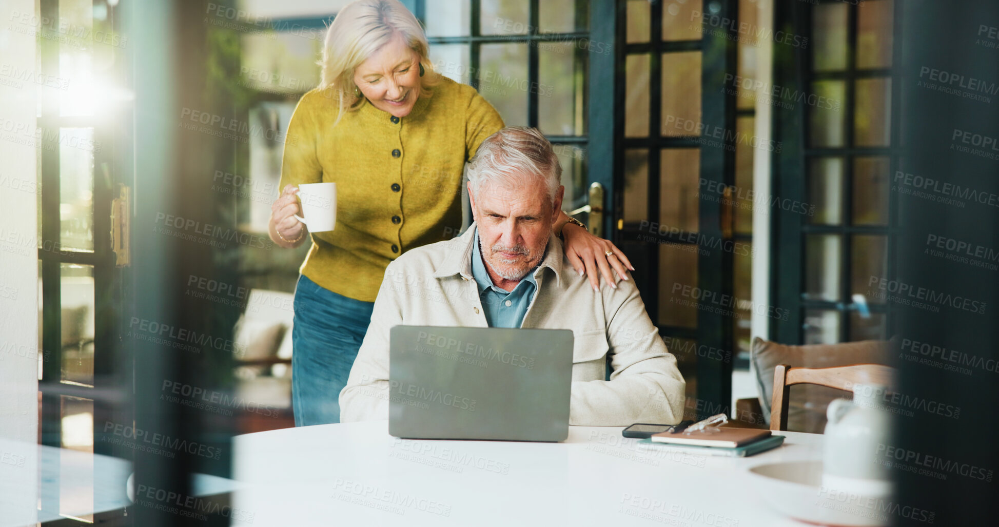 Buy stock photo Senior couple, talk and research with laptop, love and discussion for retirement, online and support. Financial planning, elderly man and old woman with coffee in home, flare or investment on website