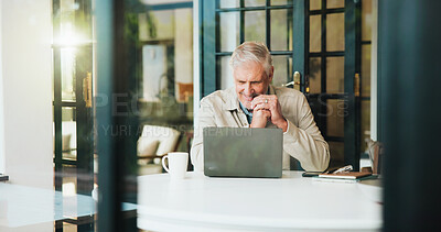 Buy stock photo Happy, home and mature man on laptop for online banking, digital payment and financial account. Retirement, house and senior person on computer for finance, insurance or savings investment on website
