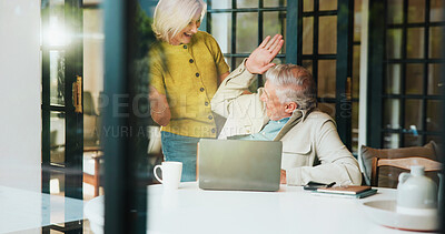 Buy stock photo Senior couple, excited and research with laptop, high five and celebration for investment on website. Happy, elderly man and old woman with successful pension fund application, flare and online