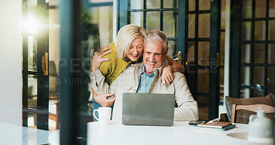 Buy stock photo Happy, hug and senior couple with laptop, home or excited for pension fund, flare and financial plan. Online, old woman and embrace with elderly man for success, retirement and reading good news