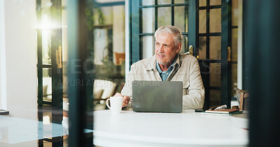 Buy stock photo Thinking, home and mature man on laptop for remote work, publishing ideas and planning story. Author, morning and senior person on computer for research, writing book and editing with reflection 