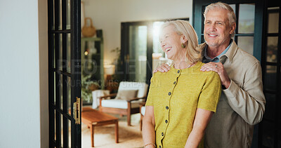 Buy stock photo Hug, smile and laugh with old couple in home for support, retirement and bonding. Marriage, connection and happiness with senior man and woman in house for joke, commitment and trust together