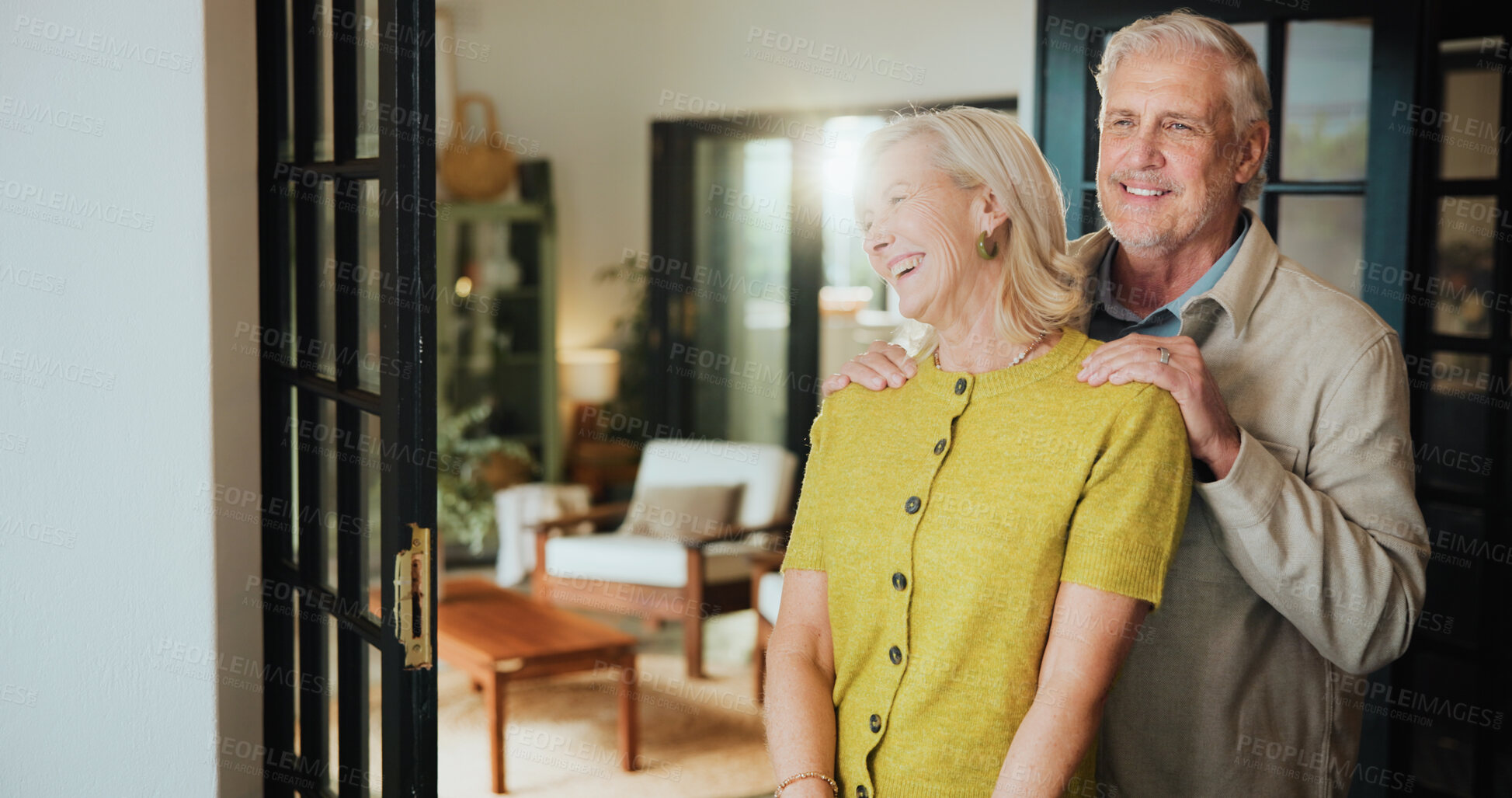 Buy stock photo Hug, smile and laugh with old couple in home for support, retirement and bonding. Marriage, connection and happiness with senior man and woman in house for joke, commitment and trust together