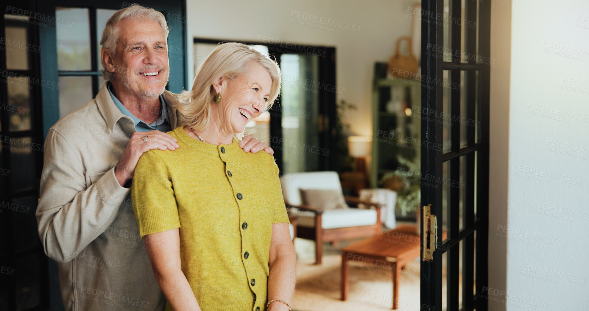 Buy stock photo Hug, laughing and love with old couple in home for support, retirement and bonding. Marriage, connection and happiness with senior man and woman in house for joke, commitment and trust together