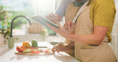 Buy stock photo Couple, hands and vegetables with tablet for online cooking tutorial or healthy recipe in kitchen. Closeup, man or woman with technology or ingredients for research, natural organic food or meal prep
