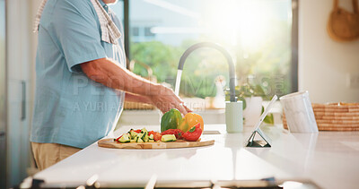 Buy stock photo Hands, washing vegetables and kitchen sink with water, dirt removal and faucet for diet at apartment. Person, cleaning pepper and organic ingredients with tap, hygiene or nutrition with food at house