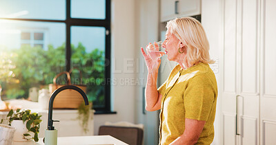 Buy stock photo Home, thirsty senior woman and drinking water in kitchen for hydration, digestive health or nutrition. Retirement, old person and fresh beverage at faucet for natural nutrients, electrolytes or detox