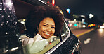 African woman, window and vehicle at night for travel, sightseeing city and tourism holiday. Happy, passenger and thinking in car with fresh air, adventure trip and nightlife view for evening journey
